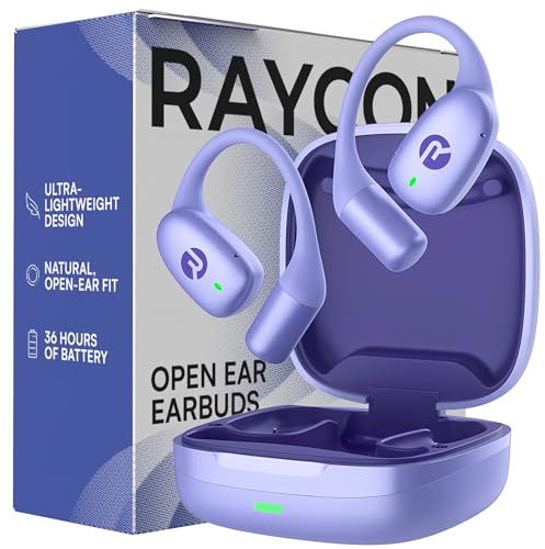 Raycon Essential Open Ear Earbuds – Open Ear Headphones, Earbuds Wireless Bluetooth, Sweat & Water-Resistant Earphones, Running Headphones with Ultra-Lightweight Design, 36 Hours Battery Life (Purple)