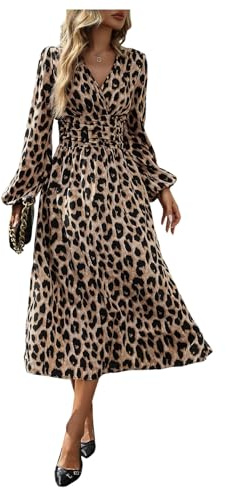 GORGLITTER Leopard Print Dresses for Women Wrap V Neck Long Sleeve Ruched Smocked Flared Flowy Midi Elegant Dress Brown Large