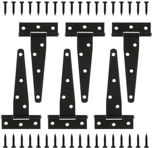 Lot de 6 charnières de porte noires en T - Charnières de porte en métal - Charnières de porte pour portes de hangar, porte de grange, porte de jardin, porte de hangar (Pack of 6, 1500mm（5″）)