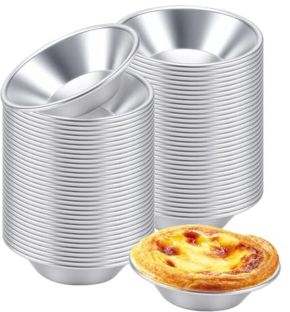 JEUIHAU 50 PCS Aluminum Egg Tart Molds, Non-Stick Mini Pie Pans Quiche Pie Tins, Reusable Pudding Moulds for Baking Tart Cupcake Muffin