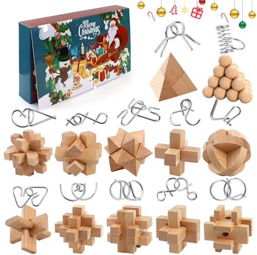 Adventskalender Knobelspiele 2025, 24 Tage von Weihnachtskalender Geschenke mit Metall Knobelei und Holzk, 3D Puzzle Geschicklichkeitsspiele, Lustige Weihnachtsgeschenke für Kinder & Erwachsene