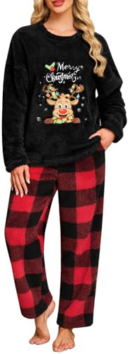 Niwicee Pyjama Femme Hiver Noël Polaire Ensembles de Pyjama Chaud Vêtements de Nuit 2 Pièces Wapiti Imprimé Xmas Flanelle Pijamas Haut à Manche Longue et Bas de Pyjama à Carreaux S-XXL(Noir,XL)