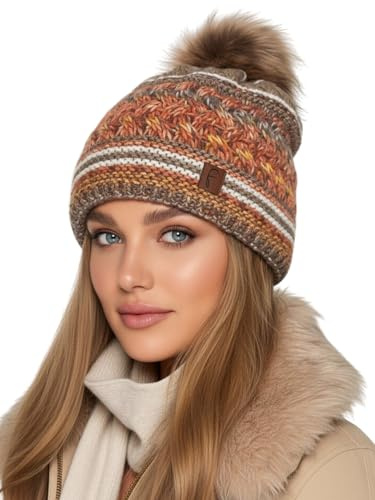 Baesics Bommelmütze Damen Herren - Wintermütze Kunstfell Bommel warm | Mit flauschigem Pompon und weichem Fleecefutter, Größe ca. 54-58 cm, Strick aus der EU. Warm für Herbst, Winter und als