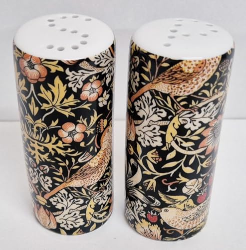 William Morris Strawberry Thief Black Yellow Salt & Pepper Set Round Porcelain Shakers Birds Garden Fantasy Hand Decorated UK