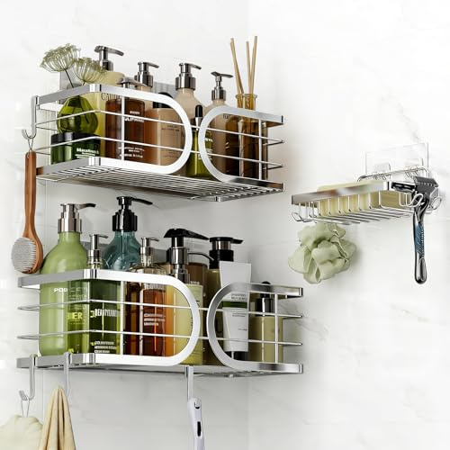 Adurei Etagère Douche Sans Percage 3 Pièces avec Porte-Savon Murale de Rangement pour Bouteilles de Shampoing Gel 304 Acier Inoxydable Grande Capacité Support Douche pour Salle de Bain(Argent)