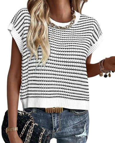 ATHMILE White Sweaters for Womens Short Sleeve Spring Summer Striped Round Neck Pullover Cap Sleeve Knit Cute Vest Tops