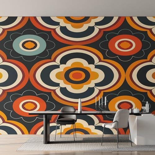 Generisch Fototapete Blumen Retro 70er Wohnzimmer Tapete Geometrische Blumen Orange Tapeten, Vliestapete Schlafzimmer Motivtapeten, Wandtapete Wanddeko 150 x 105 cm (B x H) Y&W27