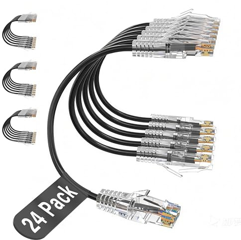 Jadaol Cat 6a / Cat 6 Ethernet Patch Cable 1.5ft 24-Pack, 10Gbps Slim 28AWG Cat6a LAN Network Cable, Snagless UTP Cat6 Patch Cables for Patch Panel, Switch, Server Rack, Data Center, 18inch Black