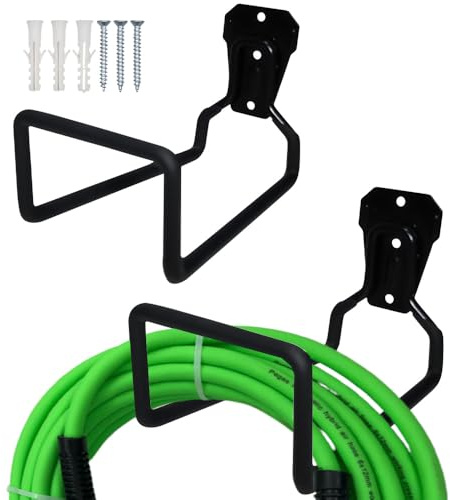 XEERUN 2PCS Metal Garden Hose Holder, 19 x 12cm Heavy Duty Hose Pipe Hanger, Wall Mounted Water Hose Holder, Garage Hose Hook Storage with Fittings for Water Hose Extension Cords, Black