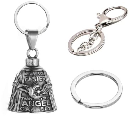 PYRUVAE 3 Pezzi Guardian Bell, Campanello portafortuna per motociclisti, in acciaio inox, campana di protezione angelo, campanella da equitazione, portachiavi per benedizione della pace