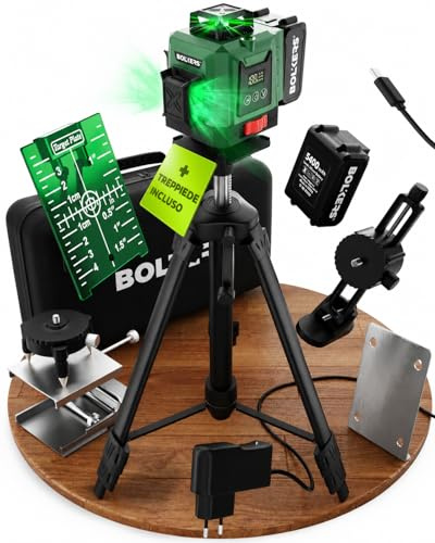 ProLaser 4x360° Livella Laser a Croce con Treppiede - Laser Verde Autolivellante, Livella Laser Edilizia, 16 Linee, 2 Batterie, Custodia & Accessori per Piastrelle, Pareti & Installazione
