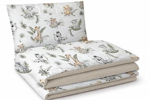 SleepeSheep Kinder Bettdecke & Kissen Set 100x75 cm – Babydecke aus Baumwolle & Waffelstoff, flaches Kopfkissen 40x50 cm, Bettdecke ohne Bezug, Oeko-Tex Standard - Safari und Sand