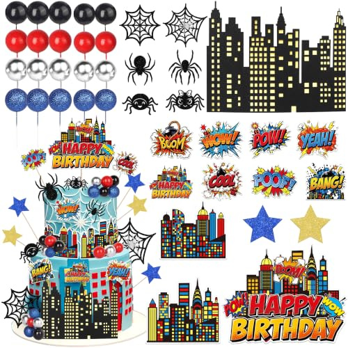 Xsstarmi 47 Pack Tortendeko Superhelden Geburtstag Deko Superhelden Happy Birthday Kuchen Deko Cake Topper mit Ball Boom Pow für Kinder Super Helden ThemaGeburtstag Zubehör für Party Kuchen Dekoration