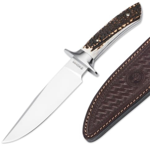 BÖKER ARGENTINA® Torito HX - Outdoor Jagdmesser mit feststehender Klinge 16,2 cm - Fulltang Messer mit Hirschhorngriff echt - Hunting Knife mit Lederscheide braun - Survivalmesser mit Parierelement