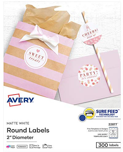 Avery Printable Round Labels with Sure Feed Technology, 2 Diameter, Matte White, Laser & Inkjet Compatible, 300 Blank Labels Total, Great for Branding, Packaging, Events, and More (22877)
