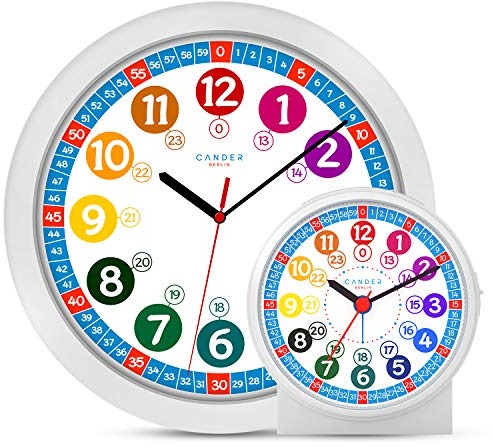 Cander Berlin MNU 1030 Kinderwanduhr Wanduhr und MNU 1009 S Kinderwecker lautlos Lernuhr Wecker Kinder Licht Snooze geräuschlos leise