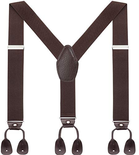 Herren Hosenträger breit mit Leder Knopfloch - Elastische und verstellbare Länge Y Form mit 6 Tasten für Herren (Kaffee)