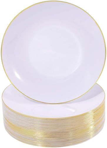 Nervure 100 Pieces Gold Plastic Plates - 10.25 inch Gold Dinner Plates - Heavyweight White and Gold Disposable Plates Ideal for Wedding & Party & Mothers Day