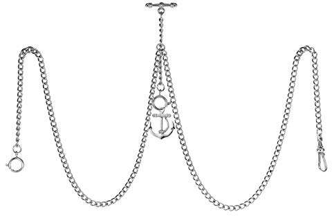 TREEWETO Taschenuhrkette mit T Bar Endstück Gesamtlänge 72cm Doppel Albert T-Bar Taschenuhr Kette mit Antiker Anker-Anhänger und 3 Haken für Weste Knopfloch