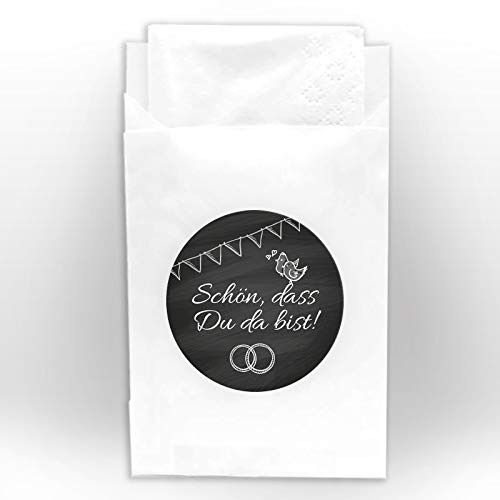 100 Tüten (6,50 x 9 cm/weiß) + 100 Aufkleber SCHÖN, DASS DU DA BIST Etiketten für Taschentuchverpackung bei Hochzeit Taufe Geburtstag Jubiläum schwarz-weiß