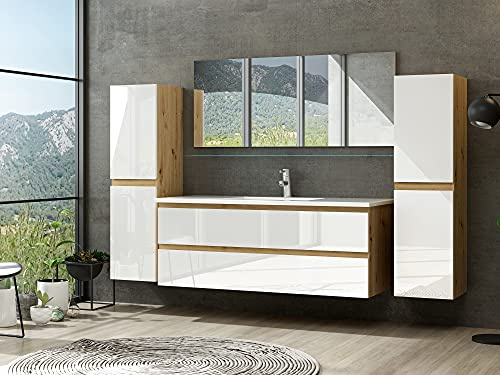 Badmöbel Set Hochglanz mit Schubladen Glas ablage (Leo Eiche Weiß, 120 cm Einzelbecken 1x Hochschrank)