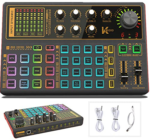 Sound Mixer Board, LED Light Voice Changer Sound Card with Multiple Sound Effects - Live Sound Card