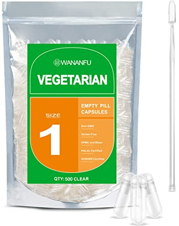 WANANFU Gélules vides végétales taille 1 (500 unités) avec micro cuillère avec tasseur de poudres, compatibles avec la machine de remplissage de capsules taille 1