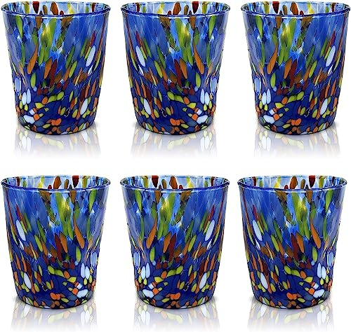 MAZZEGA ART & DESIGN - 6 vasos Goto Tumbler de vidrio soplados y hechos a mano con murrina Murano refinados y originales - Los colores de Murano - Modelo Tumbler 350 ml. Made in Italy