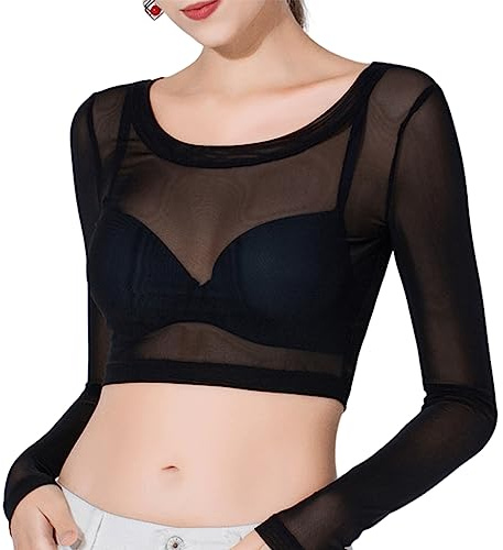 Top corto trasparente in rete da donna, camicetta a maniche lunghe trasparente a maniche lunghe, top corto in maglia a rete trasparente con vestibilità slim nera, cardigan aperto su entrambi i lati
