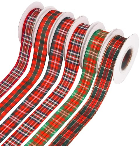 Lezevn 6 rotoli da 9,1 m x 25 mm di nastro natalizio scozzese di bufalo per decorazioni dell'albero di Natale