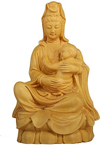 AVFORA Buchsbaum Holzschnitzerei Ornamente Figuren Kunst Geschenk Holz Buddha Kuscheln Die Guan Yin Statue Holz Buddha Schnitzerei Handwerk Skulptur Heimdekoration