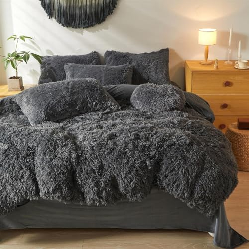 Soifox Plüsch Bettwäsche 135x200 4teilig - Grau Winter Flauschig Warme Bettbezug 2er Set mit Reißverschluss und 2 Kissenbezüge 80x80 cm kuschelig