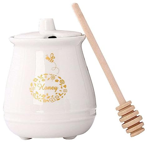 LEVINE Vorratsdosen aus Glas – 11 Unzen Keramik-Honigtopf, matt, mit Holzschöpflöffel, Mini-Honigglas-Partygeschenke mit Deckel, Porzellan-Honigtopf, schwarz, 11 Unzen (Color : White)