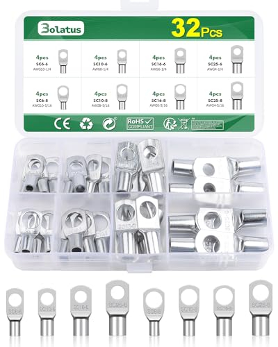 Bolatus 32Pcs Cable Lugs, Cable Crimps Bolt Hole Tinned Copper Terminals Set Tubular Cable Lugs M6 M8 SC Ring Terminal Connectors Assortment Kit Crimp Type