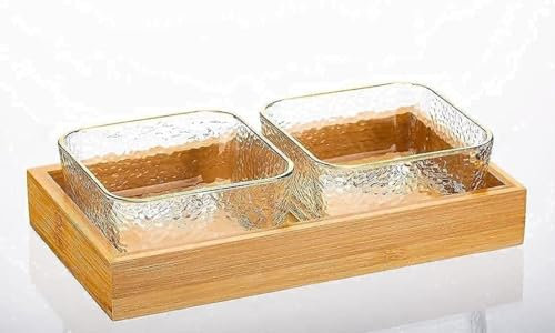 Red-Rubby Glass Serving Bowl Gold Rim Wooden Tray 4 INCH | Bowl for Dining Table Fancy Serving Bowl & Tray | Serving Dry Fruit Bowl for Home Decoration (Set of 2 PCS)