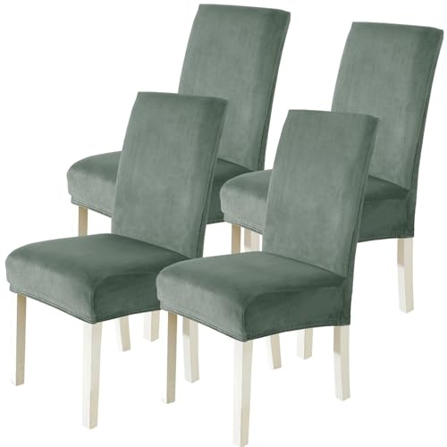 CYCMACO Stuhlhussen Samt 4er Set, Stretch Stuhlüberzieher, Stuhlbezug Schwingstuhl, Hussen Für Stühle Hochlehner, Stuhlbezüge Kratzfest, Universal Chair Cover Waschbarer, Bohnengrün