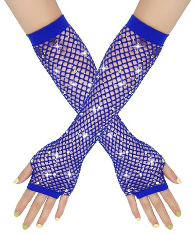 Generisch Damen Lang Netz-Handstulpen, Fischnetz Fingerlose Handschuhe, Netzhandschuhe mit Strass Glänzende, Modische Opernhandschuhe für 80er Jahre Kostümparty Halloween Cosplay Zubehör