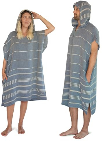 LeStoff Badeponcho - 50% Bio-Baumwolle 50% Hanf - Leicht, Saugstark, Schnelltrocknend, Bio, Strandponcho mit Kapuze, Handtuchponcho, Surf Poncho, Handtuchkleid, Duschponcho, Umziehponcho