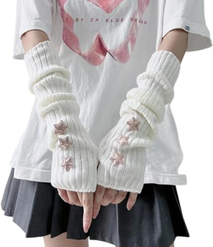 YongXinMY Y2K Armstulpen mit Sternmuster – Damen, halbe Finger, gestrickt, Armstulpen, Lolita, niedlich, fingerlos, Daumenloch, japanische JK Harajuke, bezauberndes Zubehör für süße coole Teenager