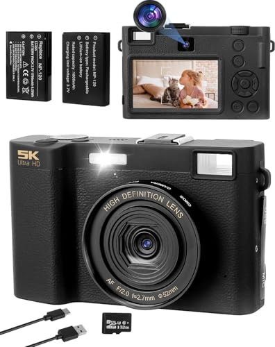 Digital Camera 5K, 64MP Full Autofocus HD Digital Compact Camera with 32G SD Card & Front and Rear Dual Lens, 18X Digital Zoom, 3.0 Large IPS Screen Vlogging Camera with Flash for Teens Beginners