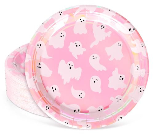 JarThenaAMCS 40Pcs Halloween Paper Plates Pink Ghost Foil Holographic Disposable Round Plates 9 Inch Cute Cartoon Iridescent Decorative Tableware for Birthday Baby Shower Party Decor Supplies