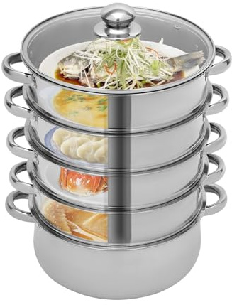 Vaporera de 5 niveles, 26, 28 y 30 cm, acero inoxidable, con tapa de cristal, apta para todo tipo de fuegos, también para inducción (plata, 28 cm)