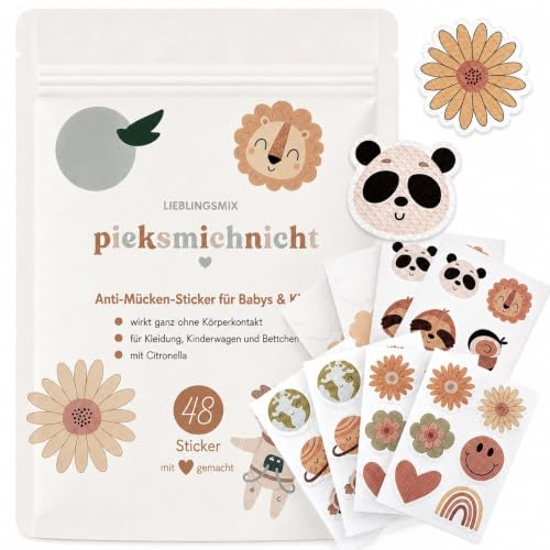 pieksmichnicht Vorteilspack Anti-Mücken-Aufkleber für Babys und Kinder mit verschiedenen Motiven | mit Citronella-Öl | 48 Stück | Mückenschutz Insektenschutz Mückensticker Patches Pflaster (Mix)