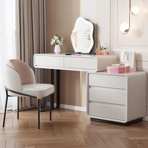 Ernqi Schminktisch mit LED-beleuchtetem Spiegel, Aufbewahrungsschrank Links und rechts austauschbar und einziehbar, Schminkhocker, perfekt für Schlafzimmer und kleine Räume (White,D_47.2IN)