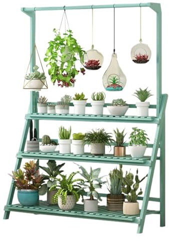 Pflanzenregal Blumentreppe Blumenständer Pflanzenständer für drinnen und draußen, 3-stufiges Bambusregal, hängende Blumentöpfe, Displayhalter, Organizer Pflanzenständer Blumenregal Blumenbank(Grün)