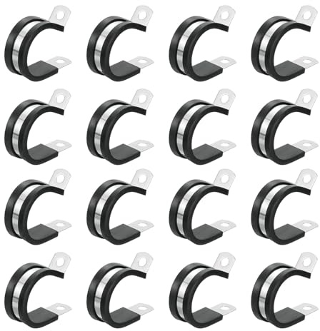 Sourcing Map 1-1/8 (28mm) Stainless Steel Rubber Cushioned Insulated R-Shape Cable Clamp, 16Pcs, Black