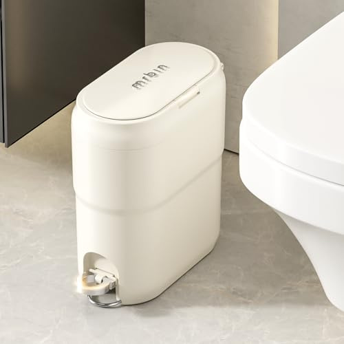 MRBIN Step Trash Can with Press Top Lid Slim, Compact Touchless Garbage Bin for Bathroom, 9L / 2.4 Gal Small Pedal Waste Basket for Narrow Apartment Dorm Office, Kitchen, Bedroom, Cream White