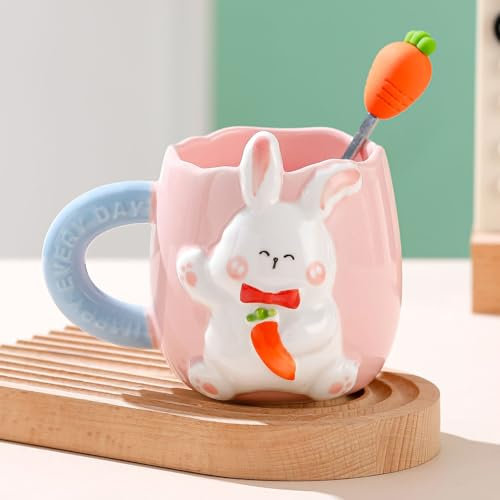 Tasse Ostern, Tasse Hase mit Karottenlöffel, Ostergeschenke Mug, Cute Ostertasse, Easter Keramikbecher, 3D Kaninchen Kaffee Tee Milch Tasse für Ostern und Geburtstagsgeschenke(Rosa)