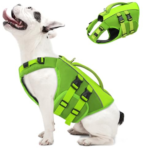 Queenmore Hundflytväst medium, justerbar badväst med räddningshandtag, reflekterande hundlivväst, ripstop-skydd för tax, korg, beagle, fransk bulldog (grön, M)