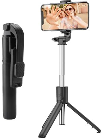 TNSLAND Selfie Stick con treppiedi per telefono cellulare, 100 cm, Bluetooth, telecomando, supporto girevole a 360°, nero